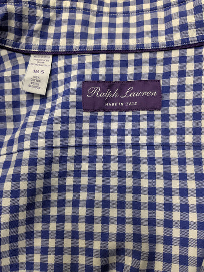 Ralph Lauren overhemd. Purple Label. Blauw Wit geblokt. Maat L.