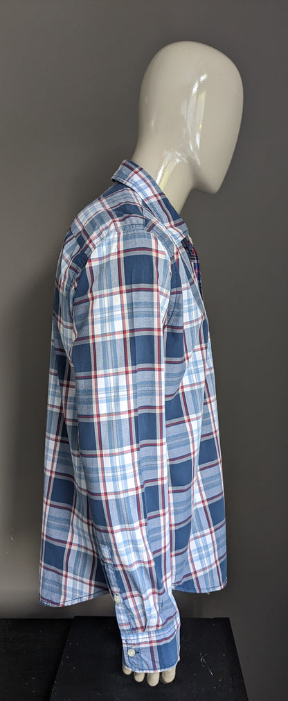 Camicia di denim Hilfiger. Rosso bianco blu controllato. Taglia XL.