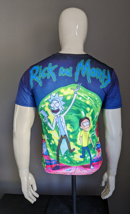 Camicia Rick e Morty. Stampa verde blu. Taglia M. Allungamento.