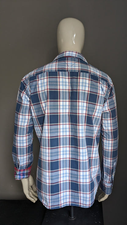 Camicia di denim Hilfiger. Rosso bianco blu controllato. Taglia XL.