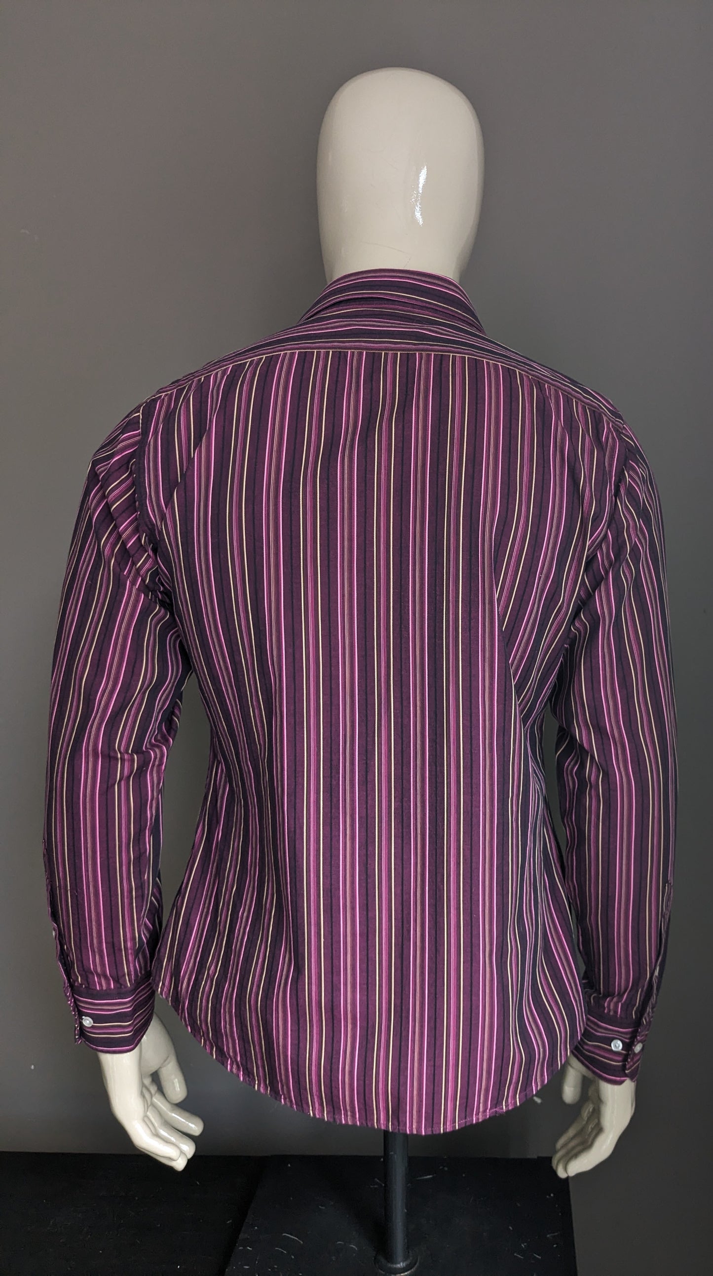 Camicia vintage de blasio. Strisce rosa marrone viola. Taglia M.