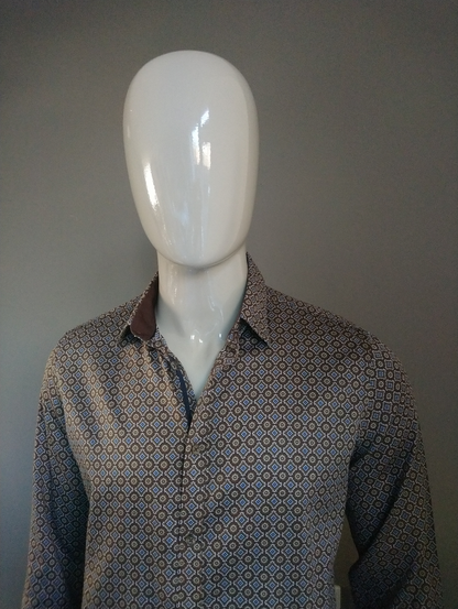 Camicia devidata. Stampa blu marrone. Taglia L.