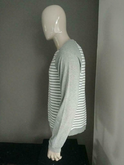 Maglione del pinguino. Motivo a strisce bianco grigio. Taglia l / xl