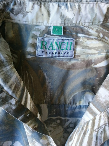 Vintage Ranch overhemd korte mouw. Groen Bruin Beige print. Maat L.