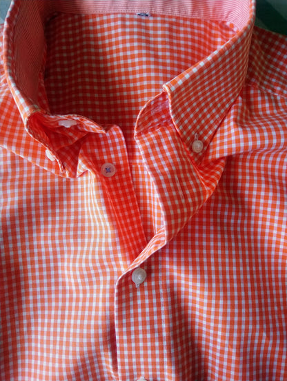 Camisa Olymp manga corta. Naranja blanca a cuadros. Tamaño xl.