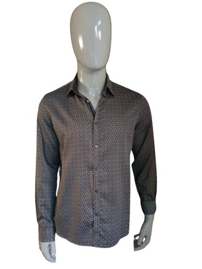 Camicia devidata. Stampa blu marrone. Taglia L.