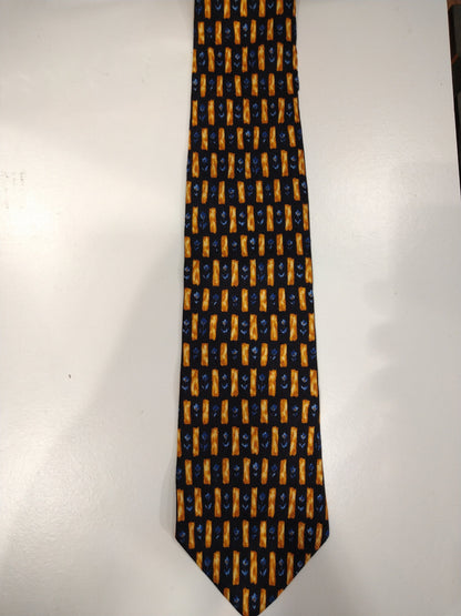 Vintage Hugo Boss silk tie. Blue / black / yellow motif.