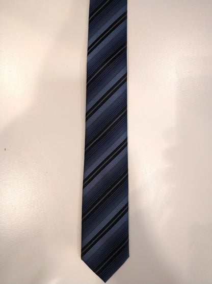 Cedar Wood State narrow polyester tie. Blue black striped.