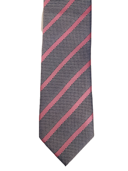 Silk tie. Gray pink striped motif.