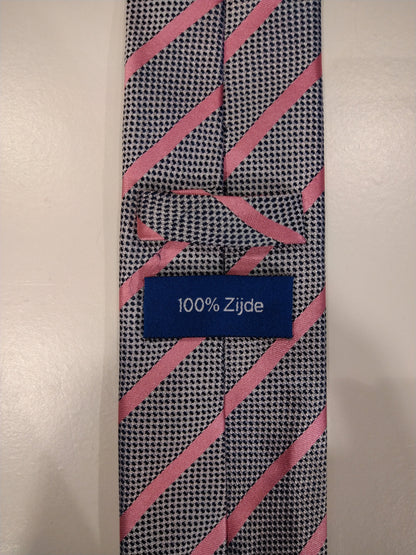 Silk tie. Gray pink striped motif.