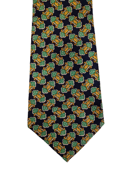 Celine Paris silk designer tie. Green blue yellow motif.