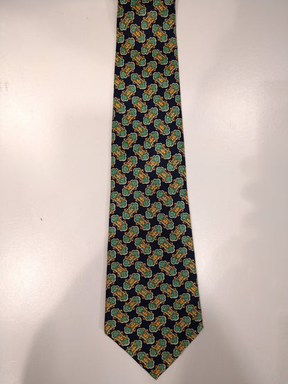 Celine Paris silk designer tie. Green blue yellow motif.