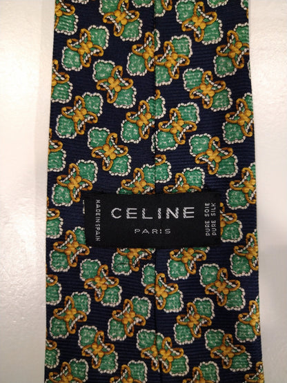 Celine Paris silk designer tie. Green blue yellow motif.