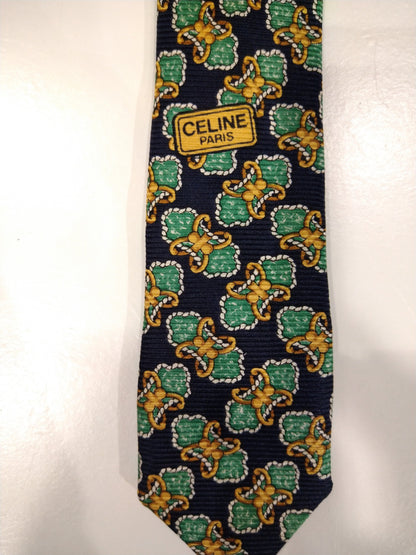 Celine Paris silk designer tie. Green blue yellow motif.