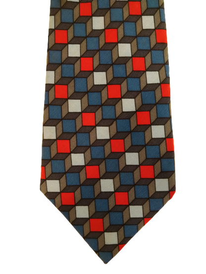 Tie à la soie de consigne. Motif bleu rouge gris rouge.