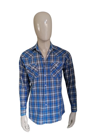 Camicia annata ely. Blu bianco bianco a quadretti. Taglia L.