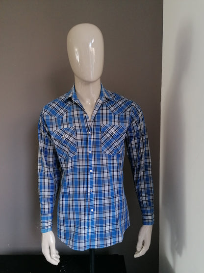 Camicia annata ely. Blu bianco bianco a quadretti. Taglia L.