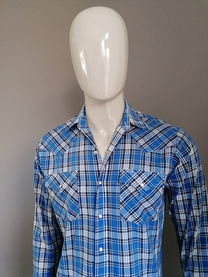 Camicia annata ely. Blu bianco bianco a quadretti. Taglia L.