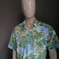 Vintage New Fast Hawaii print overhemd met korte mouw. Groen Blauwe Palmprint. Maat XL.