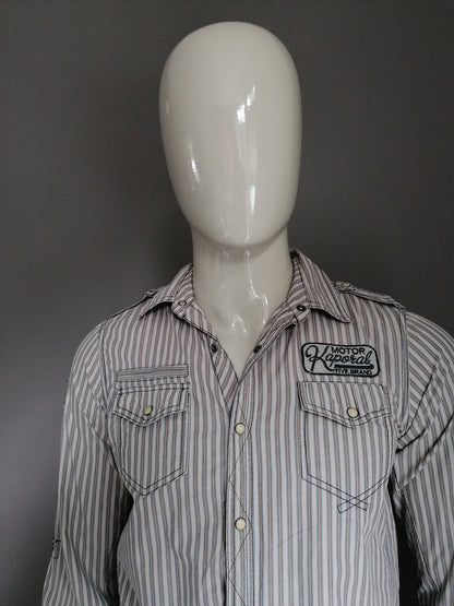 Kaporal shirt with press studs. Brown striped with applications. Size M / S