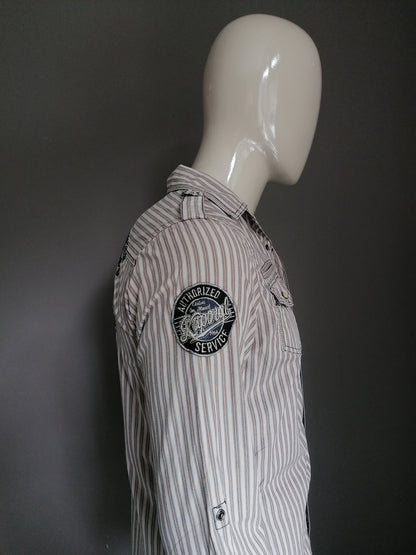 Kaporal shirt with press studs. Brown striped with applications. Size M / S