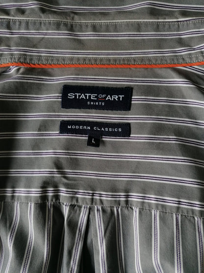 State of art shirt. Gray purple striped. Size L