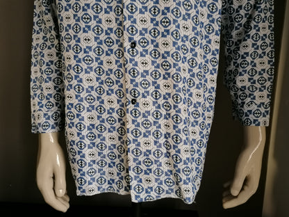 Vintage overhemd. Blauw Witte print. Maat XL.