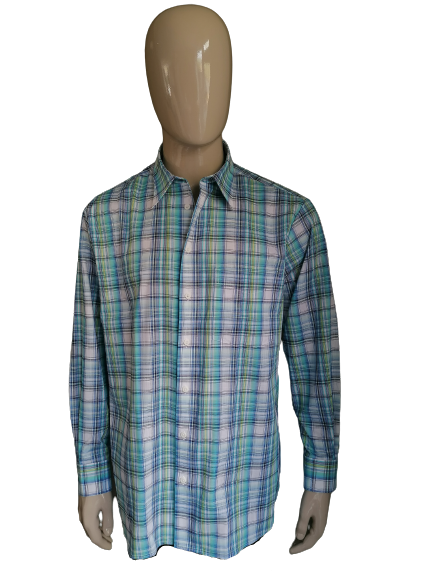 Chemise Walbusch. Bleu jaune à carreaux. Taille 43 / XL.