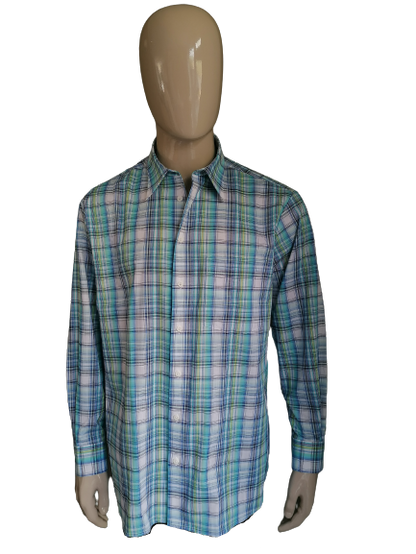 Chemise Walbusch. Bleu jaune à carreaux. Taille 43 / XL.