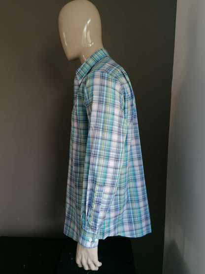 Chemise Walbusch. Bleu jaune à carreaux. Taille 43 / XL.