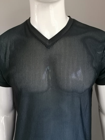 Shirt da bodywear Mey con scollo a V. Strisce traslucide brillanti nere. Taglia XL.