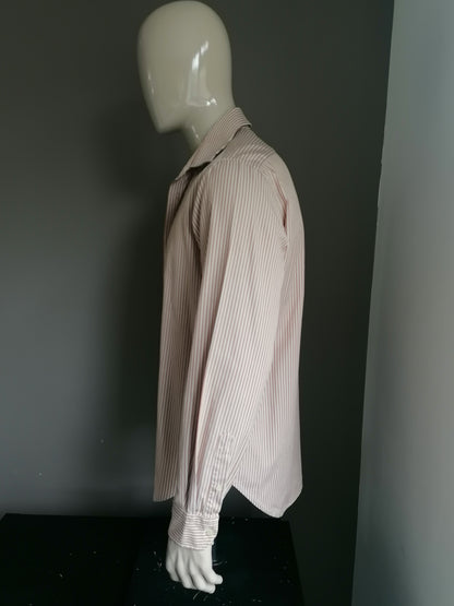 Chemise Zara. Rayé beige brun. D'apparence ancienne. Taille 44 / XL.