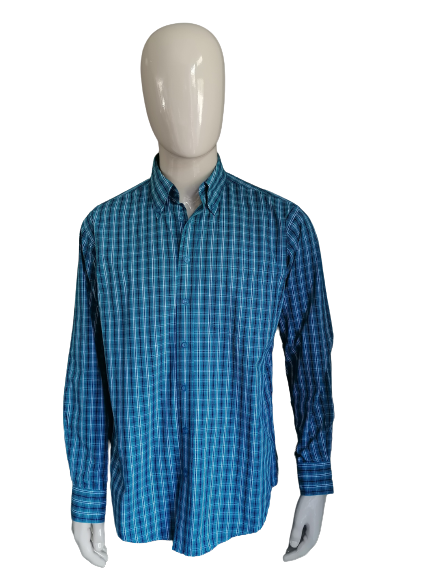 Brigss & Mansfield Shirt. Blue blanc noir vérifié. Taille l / xl.