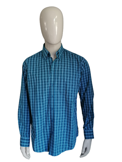 Brigss & Mansfield Shirt. Blue blanc noir vérifié. Taille l / xl.