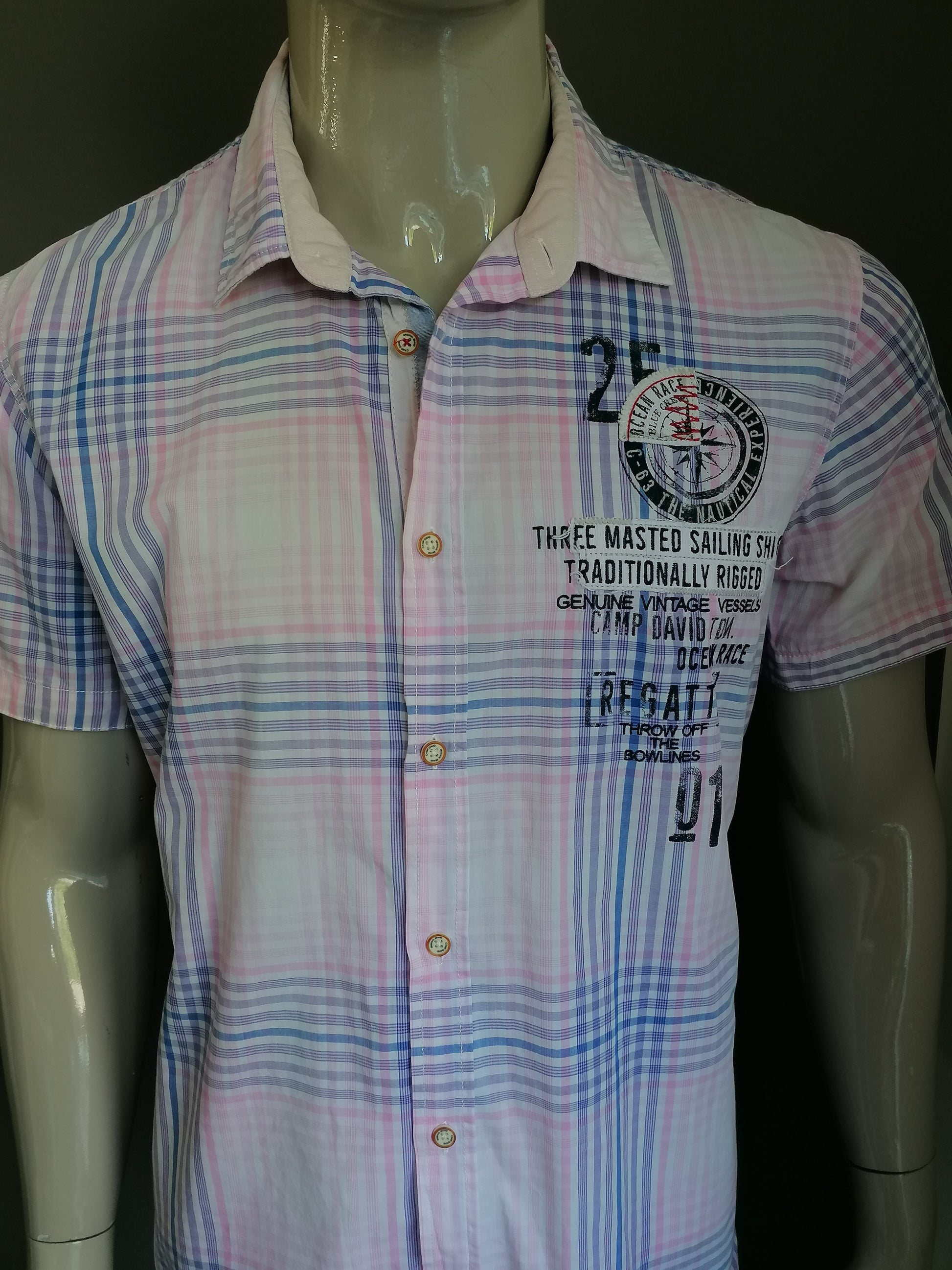 Camp David shirt short sleeve. blocked L. Fit. with applications. Size – Regular Pink EcoGents purple