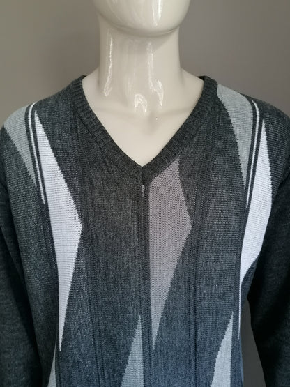 Vintage -Pullover. V-Ausschnitt. Graues weißes Motiv. Größe xxl / 2xl.