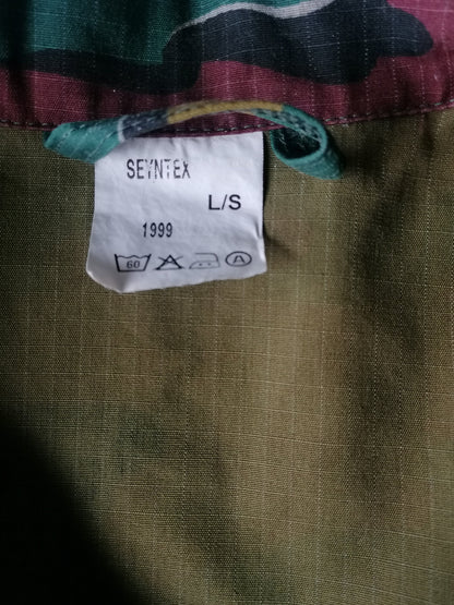 Camicia vintage dell'esercito / esercito, Belgio. Stampa dell'esercito marrone verde. Taglia L.