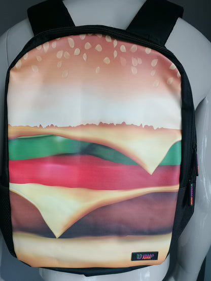 Zaino spazzatura urbano / zaino. Doppia zipper e tasca interna. Stampa di hamburger colorato.