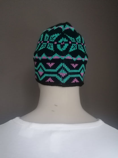 Vintage woolen hat. Black green purple motif. 30% wool.