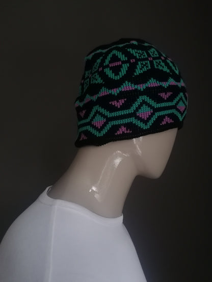 Vintage woolen hat. Black green purple motif. 30% wool.