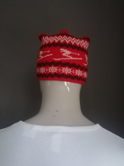 Vintage woolen hat. Red beige black ski print.