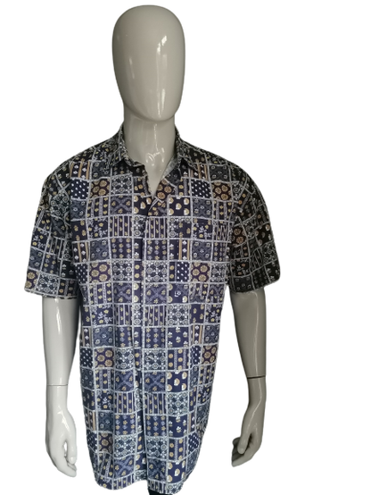 Vintage New Fast overhemd korte mouw. Blauw Bruine print. Maat L / XL.