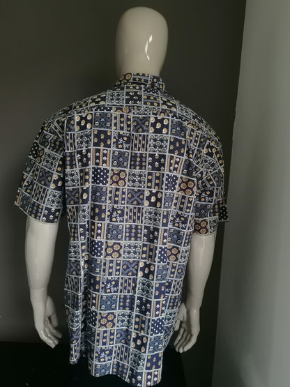 Vintage New Fast overhemd korte mouw. Blauw Bruine print. Maat L / XL.