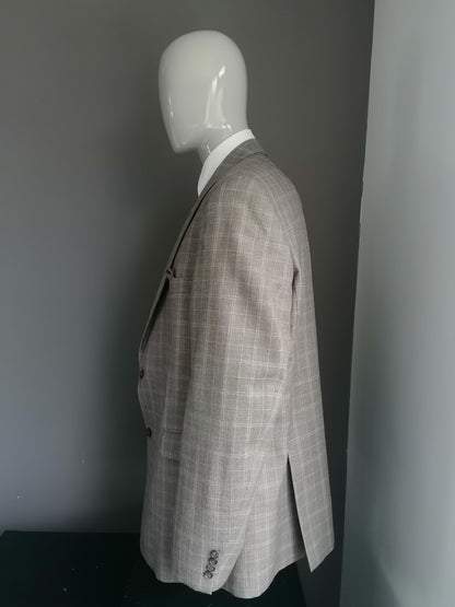 Van Tilburg Wollen Colbert. Beige brown checked. Size 62 / XXL / 2XL.