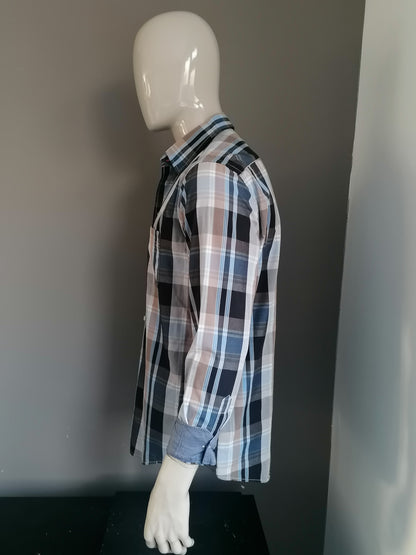 Bartlett shirt. Blue beige gray checked. Size L.