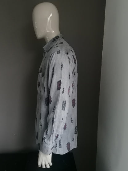 Camicia vintage tacot bleu. Stampa rossa marrone grigio. Taglia XL. Viscosio al 100%.