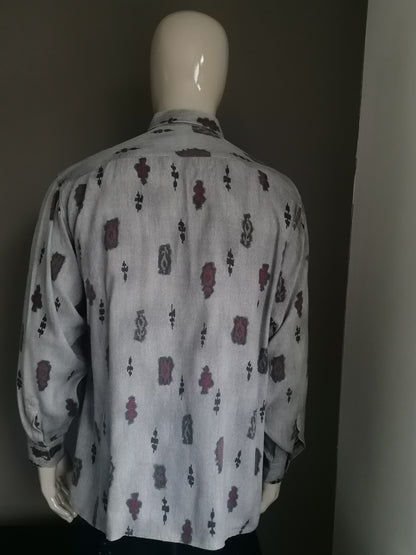 Vintage tacot bleu shirt. Gray brown red print. Size XL. 100% viscose.