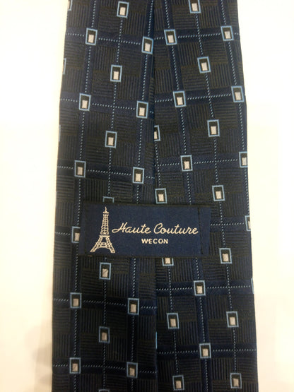 Haute Couture Wete WECON à cravate en polyester. Motif bleu avec pendentif Eiffel Tower.