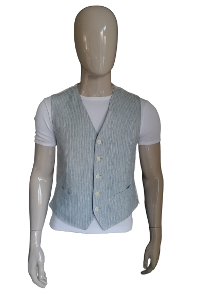 Gilet en lin. Blue beige gris rayé. Taille S / 48.