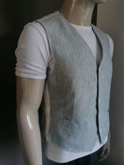 Gilet en lin. Blue beige gris rayé. Taille S / 48.